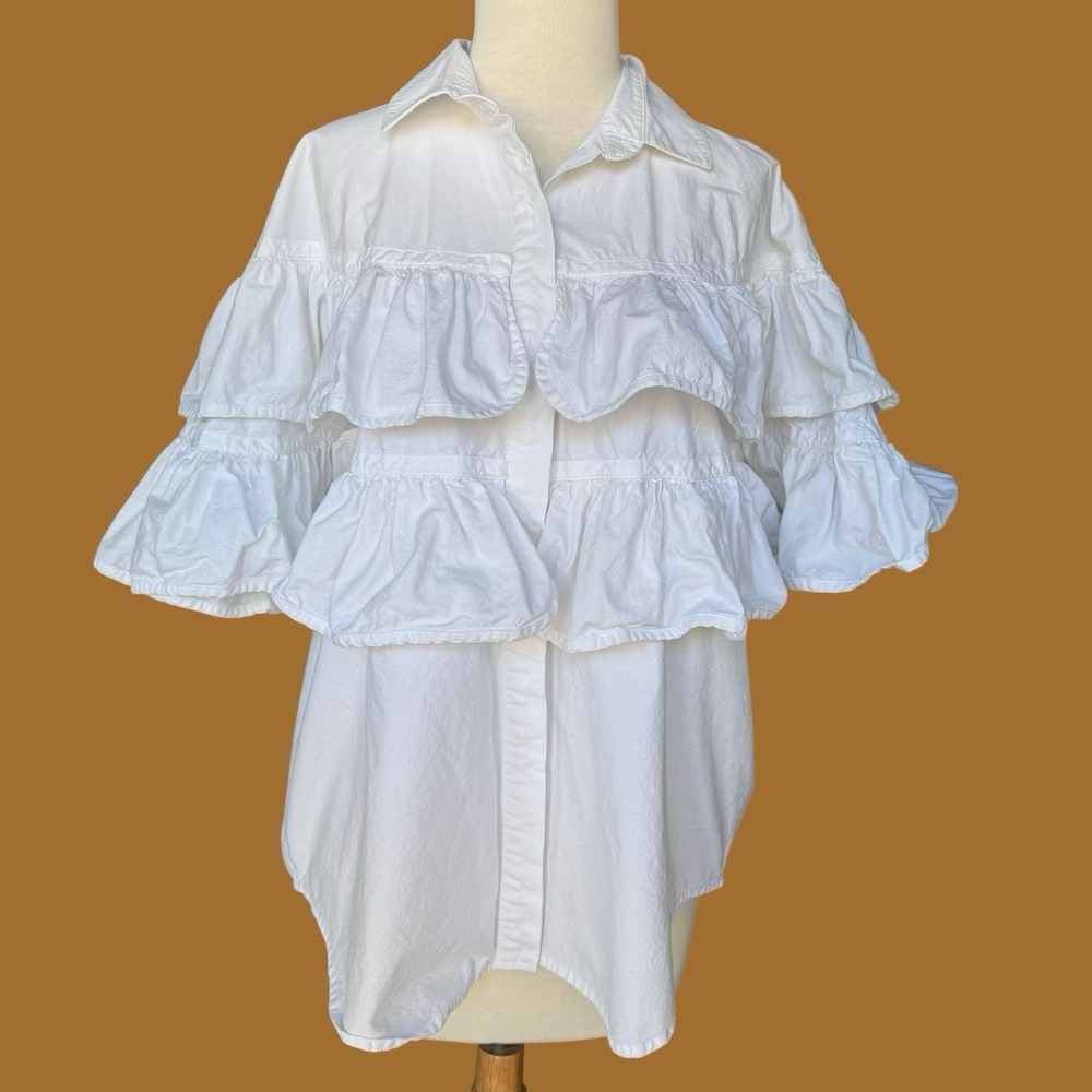 Cricket By The Creek Blouse Women Large White Ruffle Flutter Sleeve Cotton BOHO